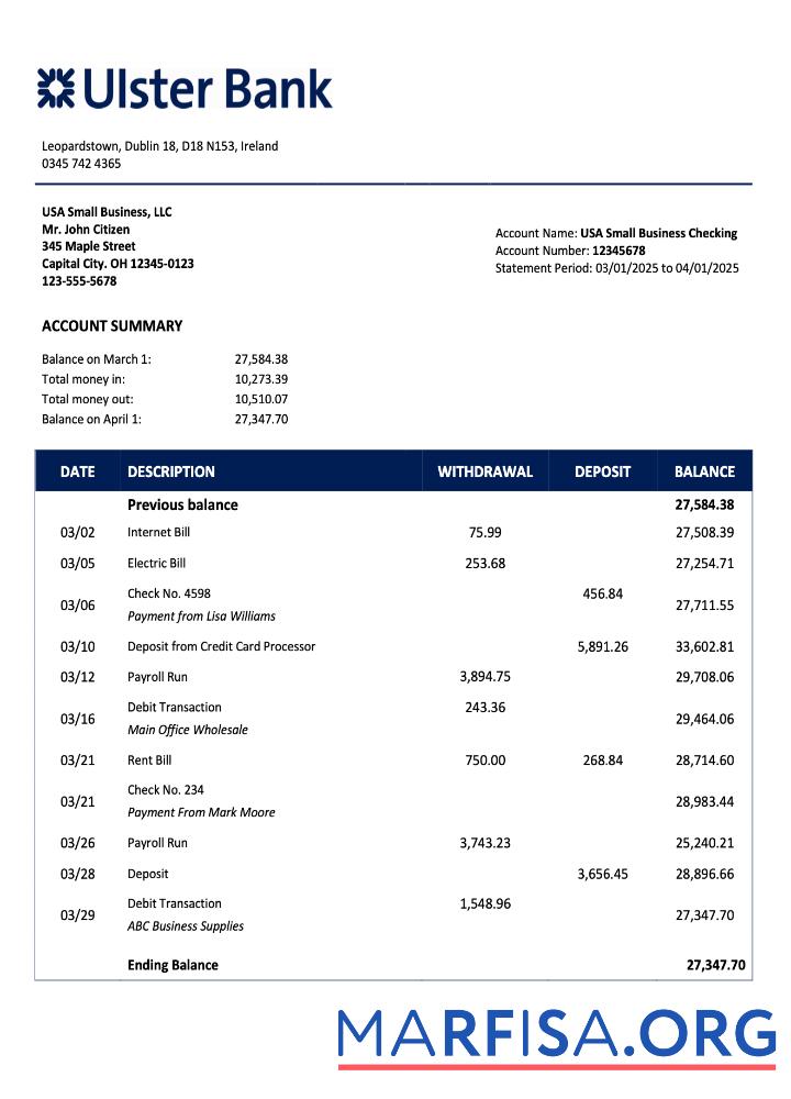 Downloadable Irish Ulster Bank business checking account statement Word and PDF template